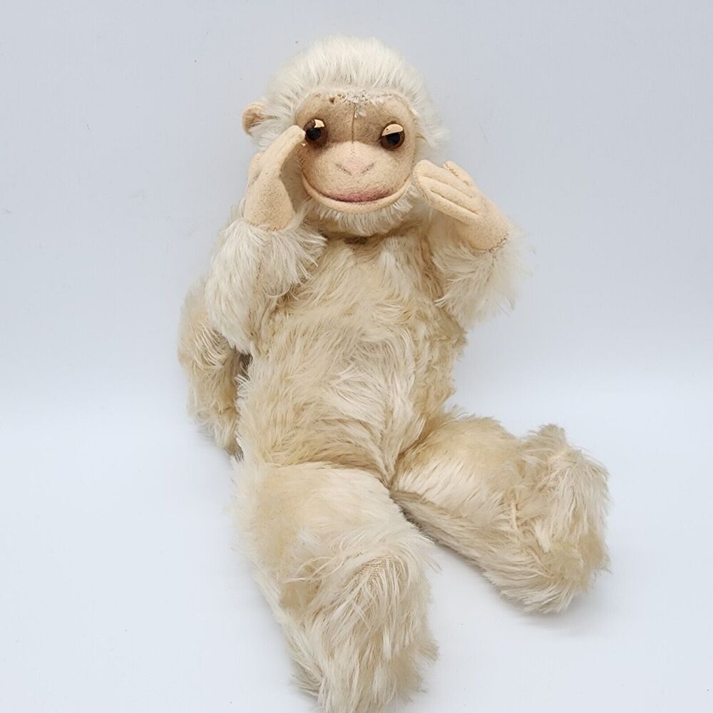 Creepy Antique Monkey Plush 12" Schuco Steiff Cream Mohair Hard Eyes Long Tail